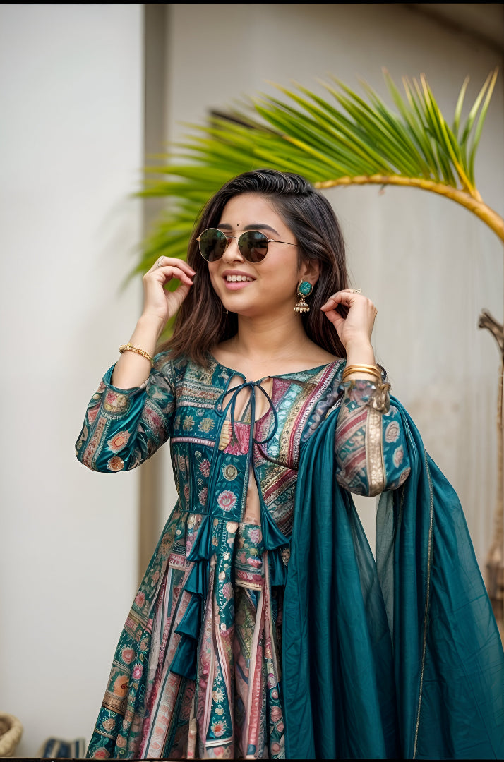 Teal Blue Printed Anarkali Set with Dupatta
