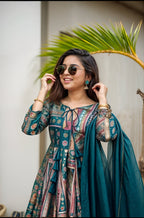 Teal Blue Printed Anarkali Set with Dupatta