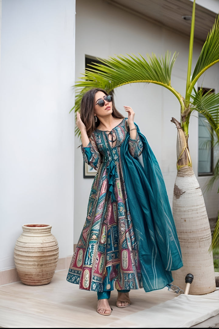 Teal Blue Printed Anarkali Set with Dupatta
