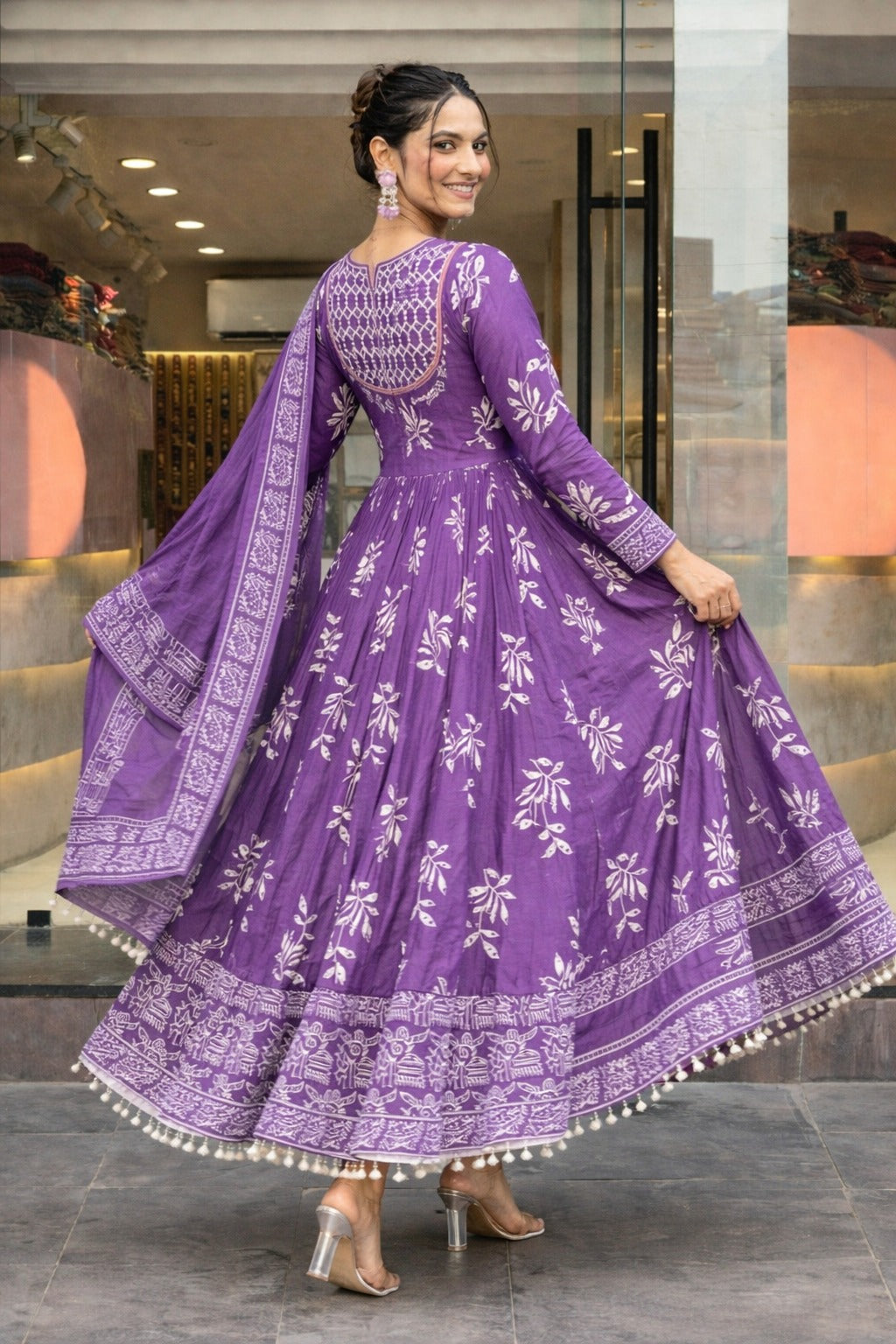 Anveri Purple Anarkali Kurta Set for Women with Dupatta | Printed Ethnic Dress, Flared Kurti, Festive & Party Wear Gown Style Suit