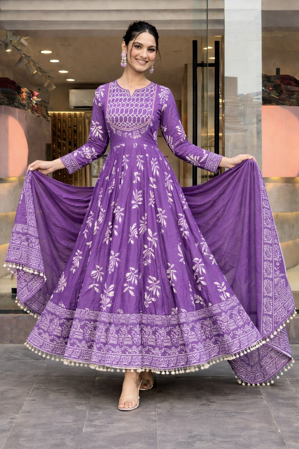 Anveri Purple Anarkali Kurta Set for Women with Dupatta | Printed Ethnic Dress, Flared Kurti, Festive & Party Wear Gown Style Suit