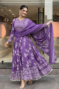 Anveri Purple Anarkali Kurta Set for Women with Dupatta | Printed Ethnic Dress, Flared Kurti, Festive & Party Wear Gown Style Suit