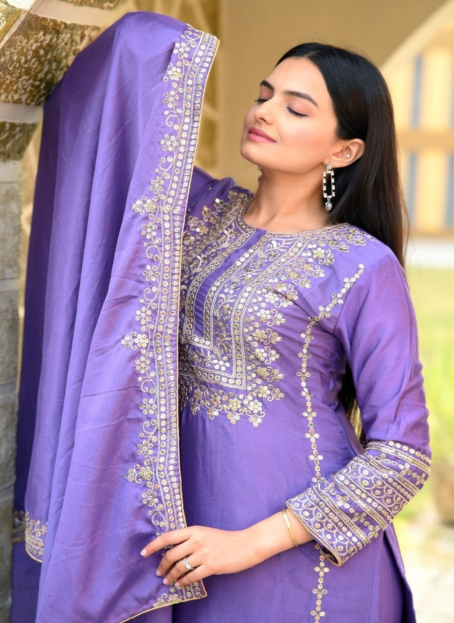 Anveri Elegant Purple Embroidered Kurta Set with Dupatta for Women