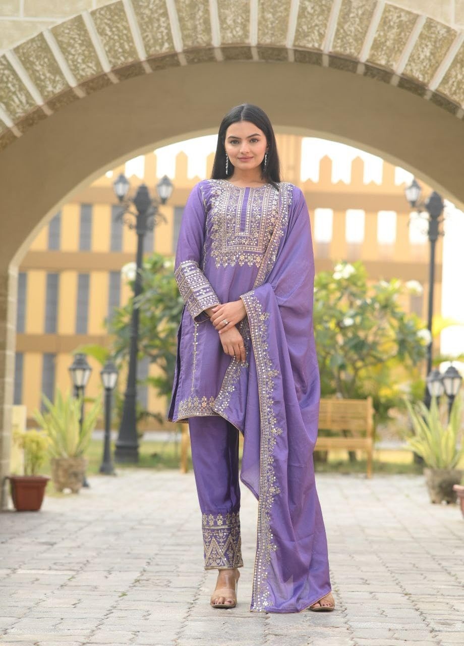 Anveri Elegant Purple Embroidered Kurta Set with Dupatta for Women