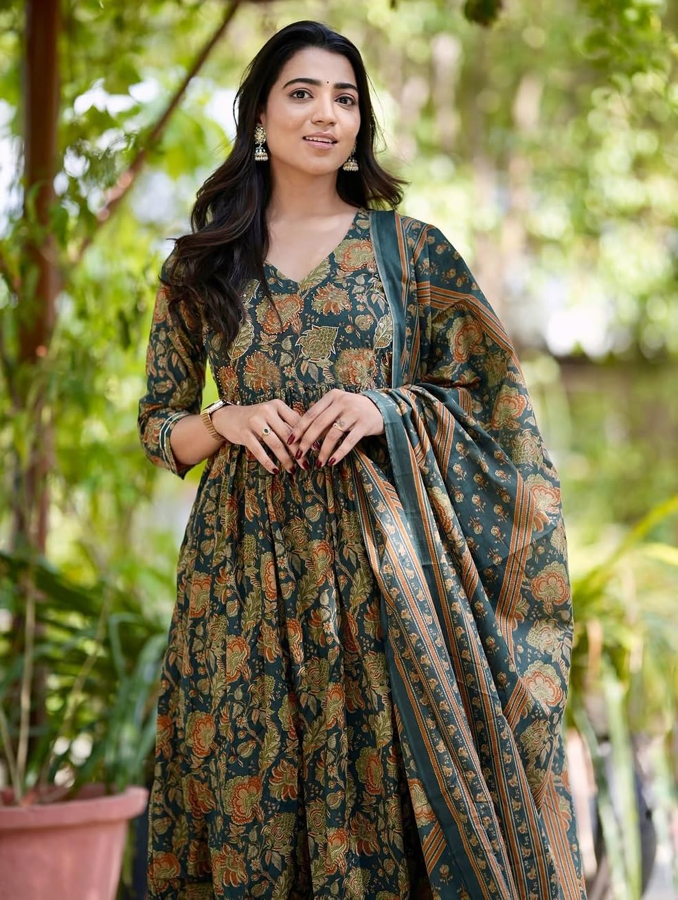 Anveri Elegant Floral Anarkali Dress with Dupatta – Traditional Indian Ethnic Wear for Women