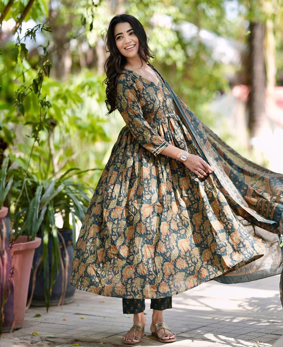 Anveri Elegant Floral Anarkali Dress with Dupatta – Traditional Indian Ethnic Wear for Women