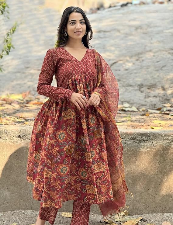 Anveri Red Floral Anarkali Suit with Dupatta – Elegant Traditional Indian Ethnic Wear for Women