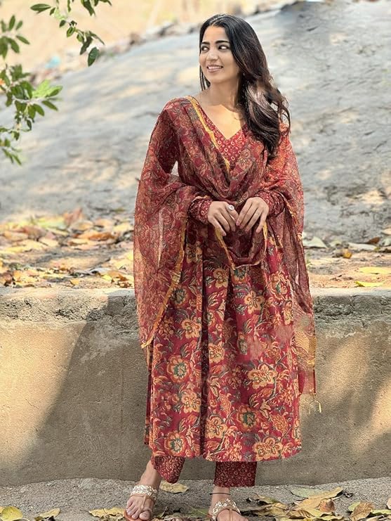 Anveri Red Floral Anarkali Suit with Dupatta – Elegant Traditional Indian Ethnic Wear for Women