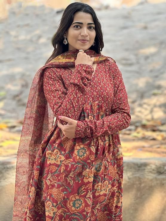 Anveri Red Floral Anarkali Suit with Dupatta – Elegant Traditional Indian Ethnic Wear for Women