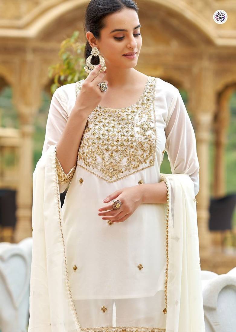 AnveriWhite Embroidered Salwar Suit with Dupatta – Elegant Festive & Wedding Ethnic Wear for Women