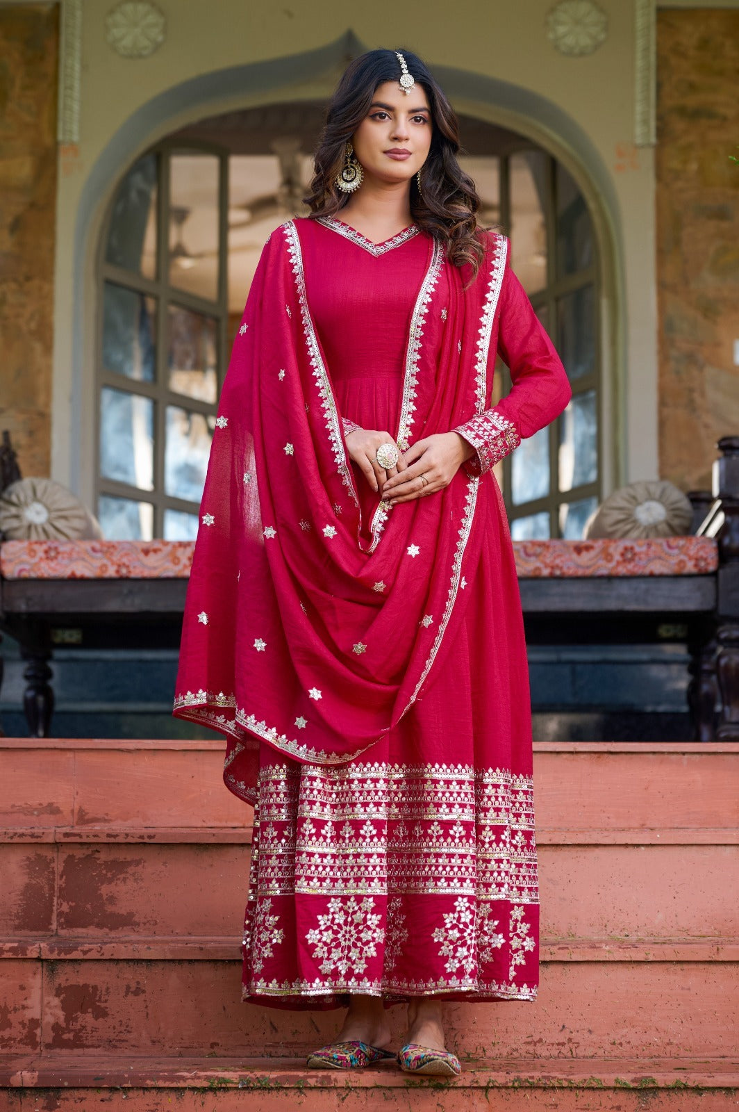 Anveri Elegant Red Anarkali Suit with Dupatta – Traditional Indian Ethnic Wear for Women