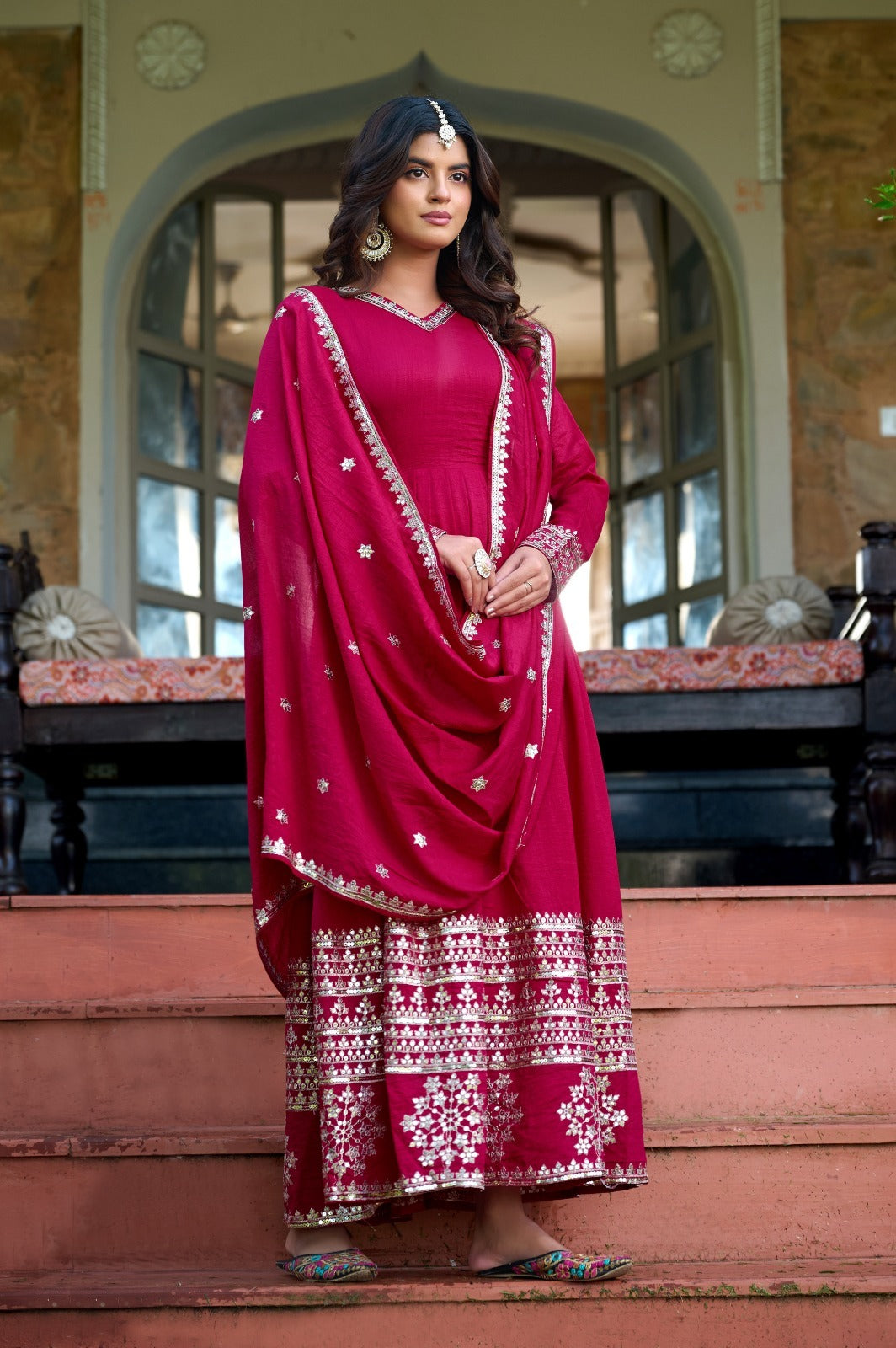 Anveri Elegant Red Anarkali Suit with Dupatta – Traditional Indian Ethnic Wear for Women