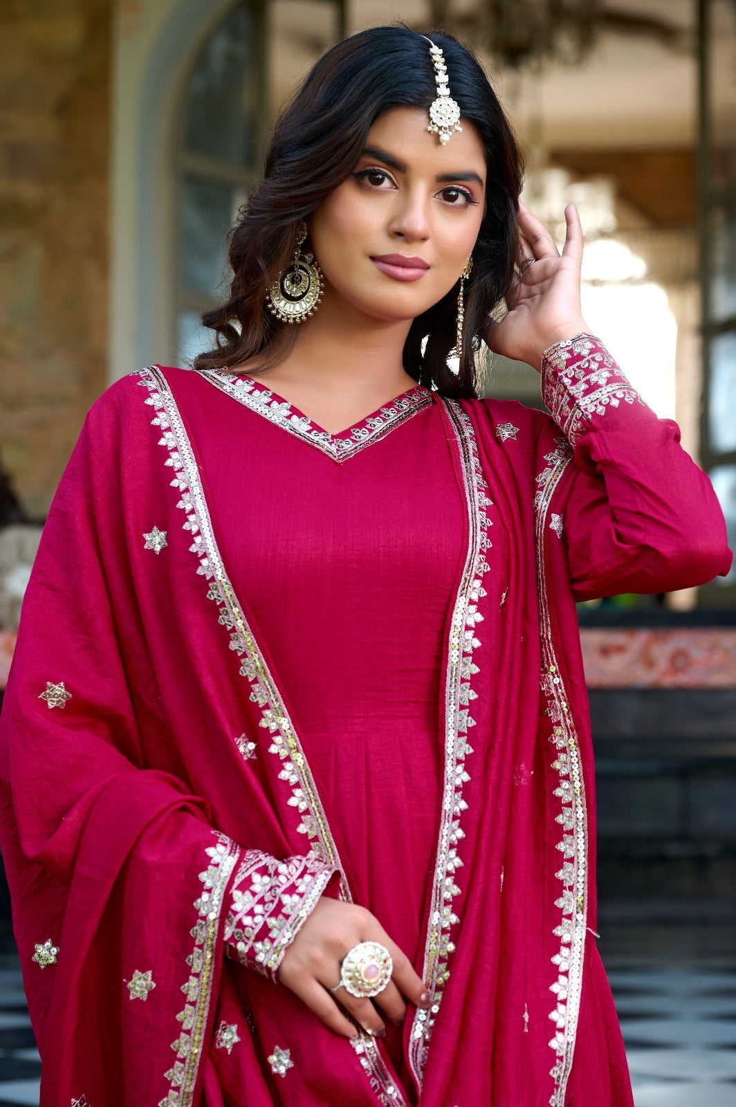 Anveri Elegant Red Anarkali Suit with Dupatta – Traditional Indian Ethnic Wear for Women