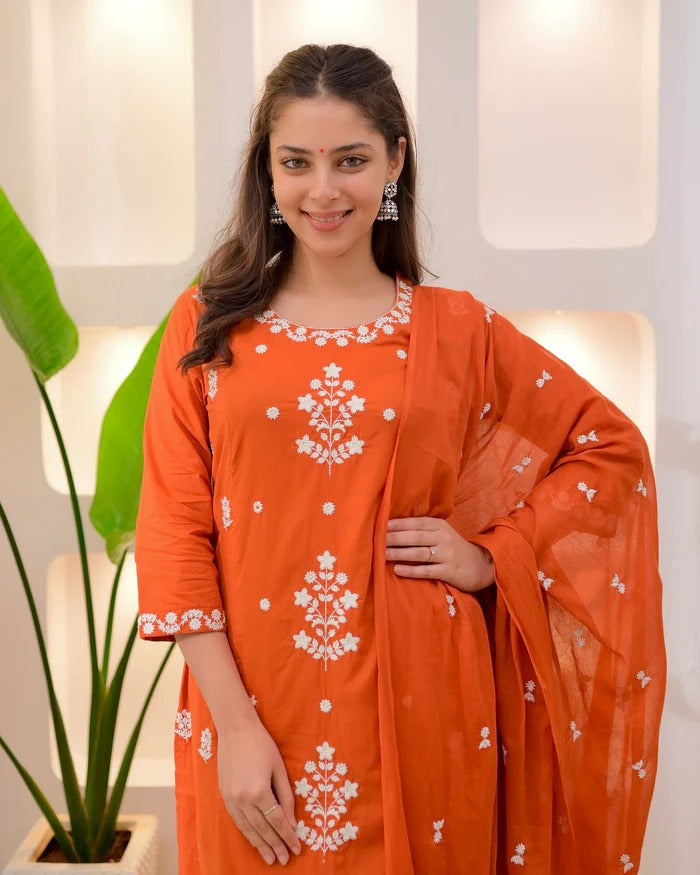 Anveri Orange Embroidered Straight Kurta Set with Dupatta for Women | Ethnic Cotton Suit | Festive & Casual Wear