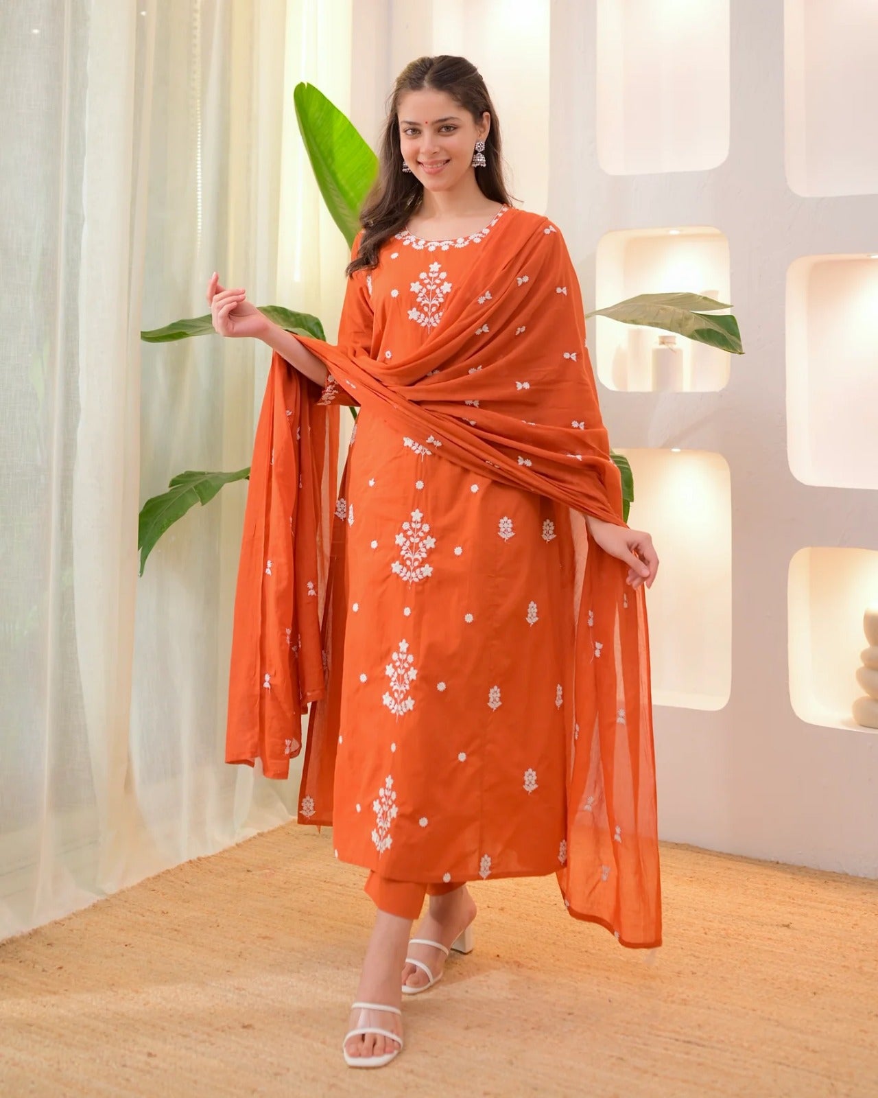 Anveri Orange Embroidered Straight Kurta Set with Dupatta for Women | Ethnic Cotton Suit | Festive & Casual Wear