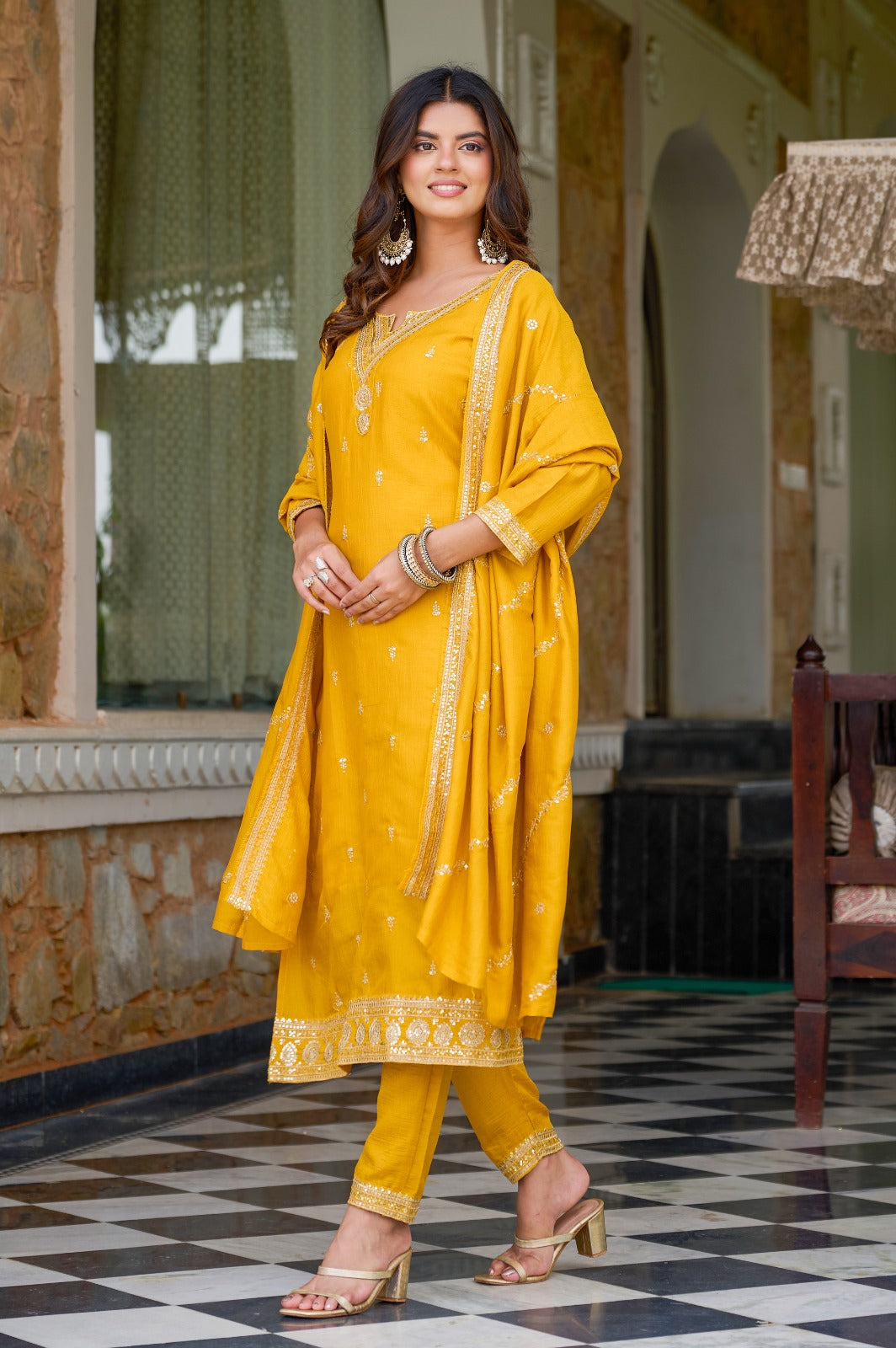 Elegant Mustard Yellow Embroidered Kurta Set with Dupatta