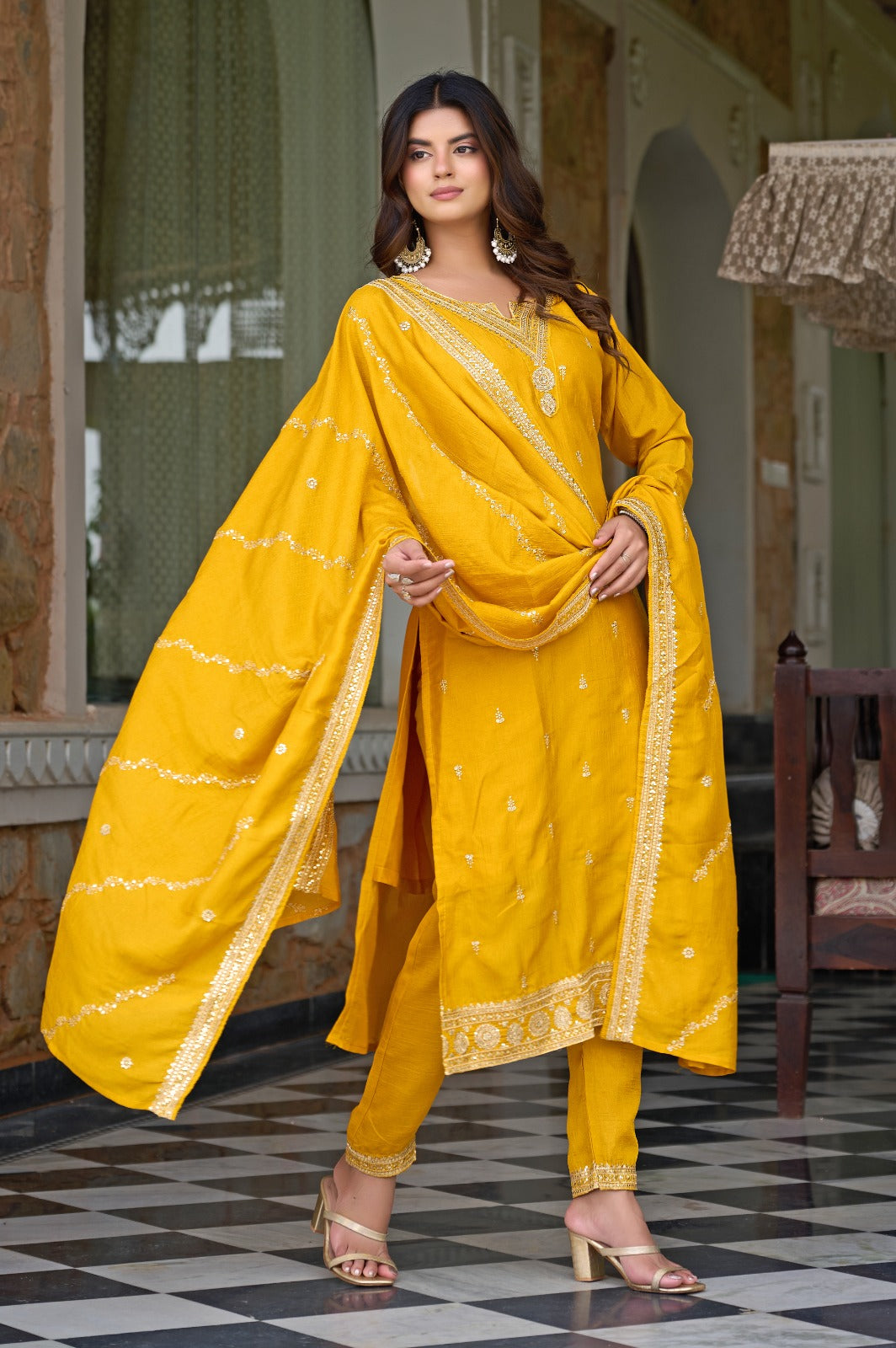 Elegant Mustard Yellow Embroidered Kurta Set with Dupatta