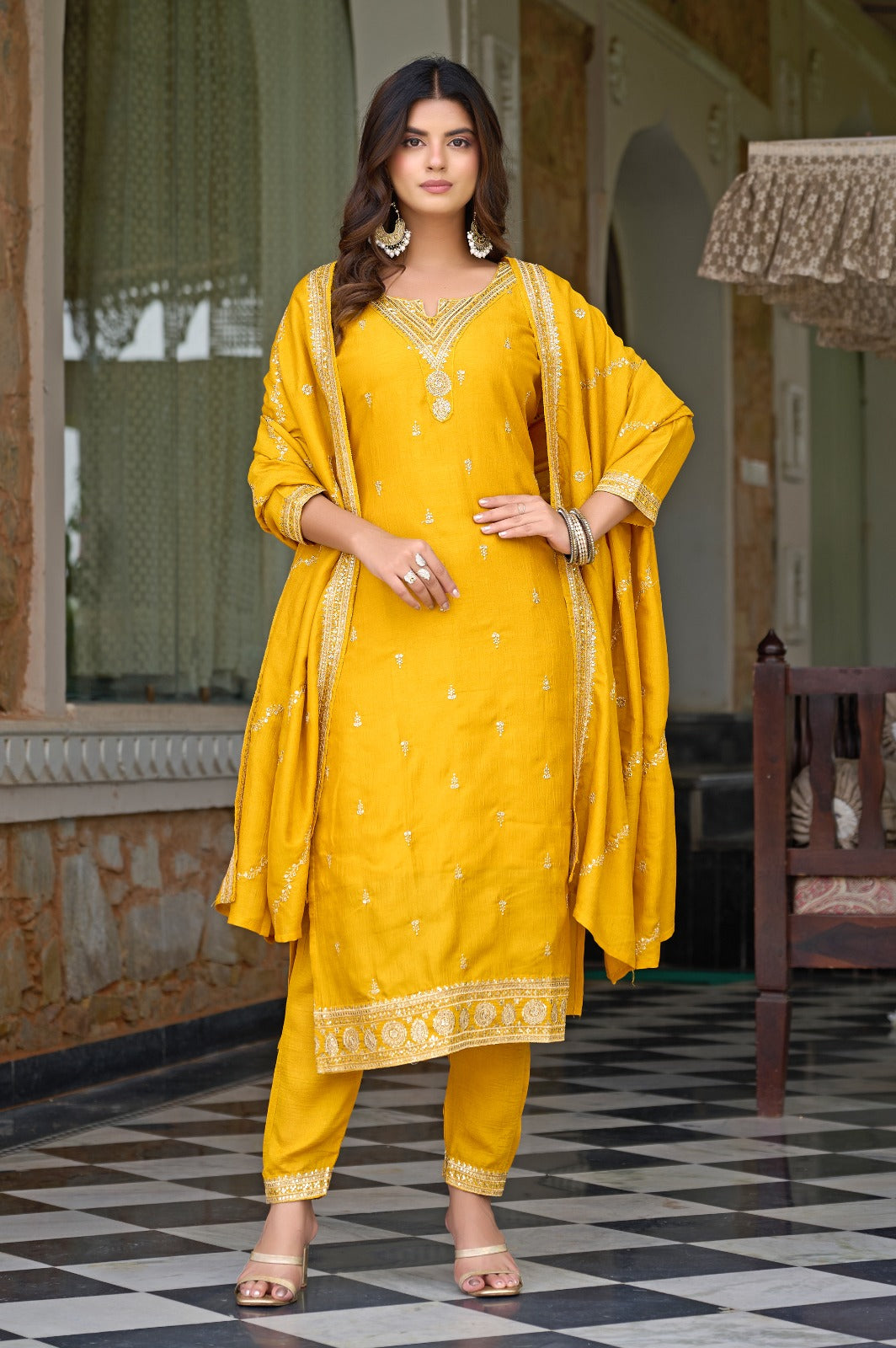 Elegant Mustard Yellow Embroidered Kurta Set with Dupatta
