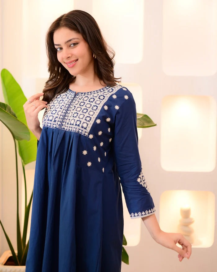 Anveri Women’s Cotton Embroidered Kurta Set with Pants – Elegant Navy Blue Straight Kurta | Stylish Daily Wear & Office Wear Ethnic Set | Comfortable Indian Outfit for Women