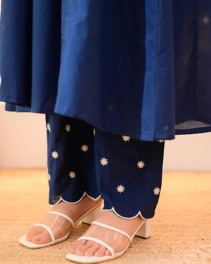 Anveri Women’s Cotton Embroidered Kurta Set with Pants – Elegant Navy Blue Straight Kurta | Stylish Daily Wear & Office Wear Ethnic Set | Comfortable Indian Outfit for Women