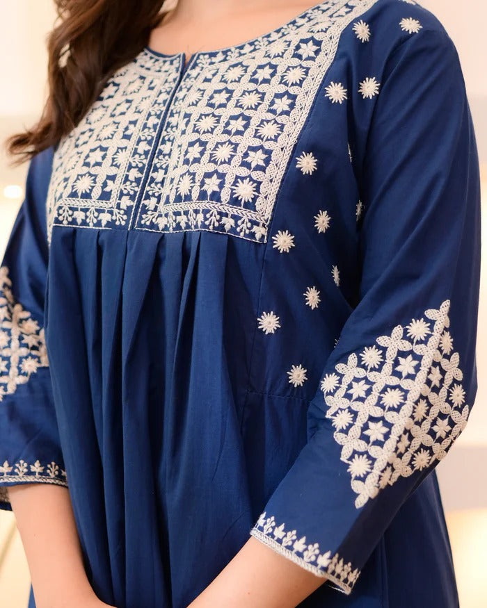 Anveri Women’s Cotton Embroidered Kurta Set with Pants – Elegant Navy Blue Straight Kurta | Stylish Daily Wear & Office Wear Ethnic Set | Comfortable Indian Outfit for Women