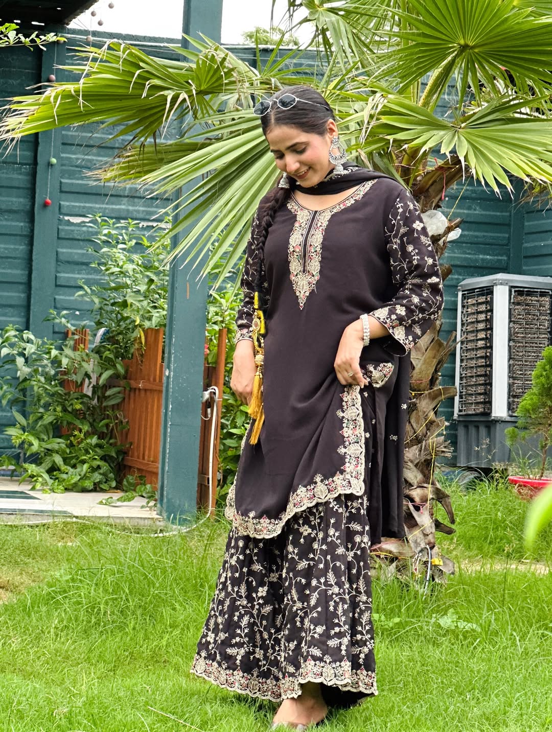 Anveri Women Black Embroidered Kurta Sharara Set | Ethnic Party Wear Kurti with Palazzo | Festive & Wedding Wear Suit for Women