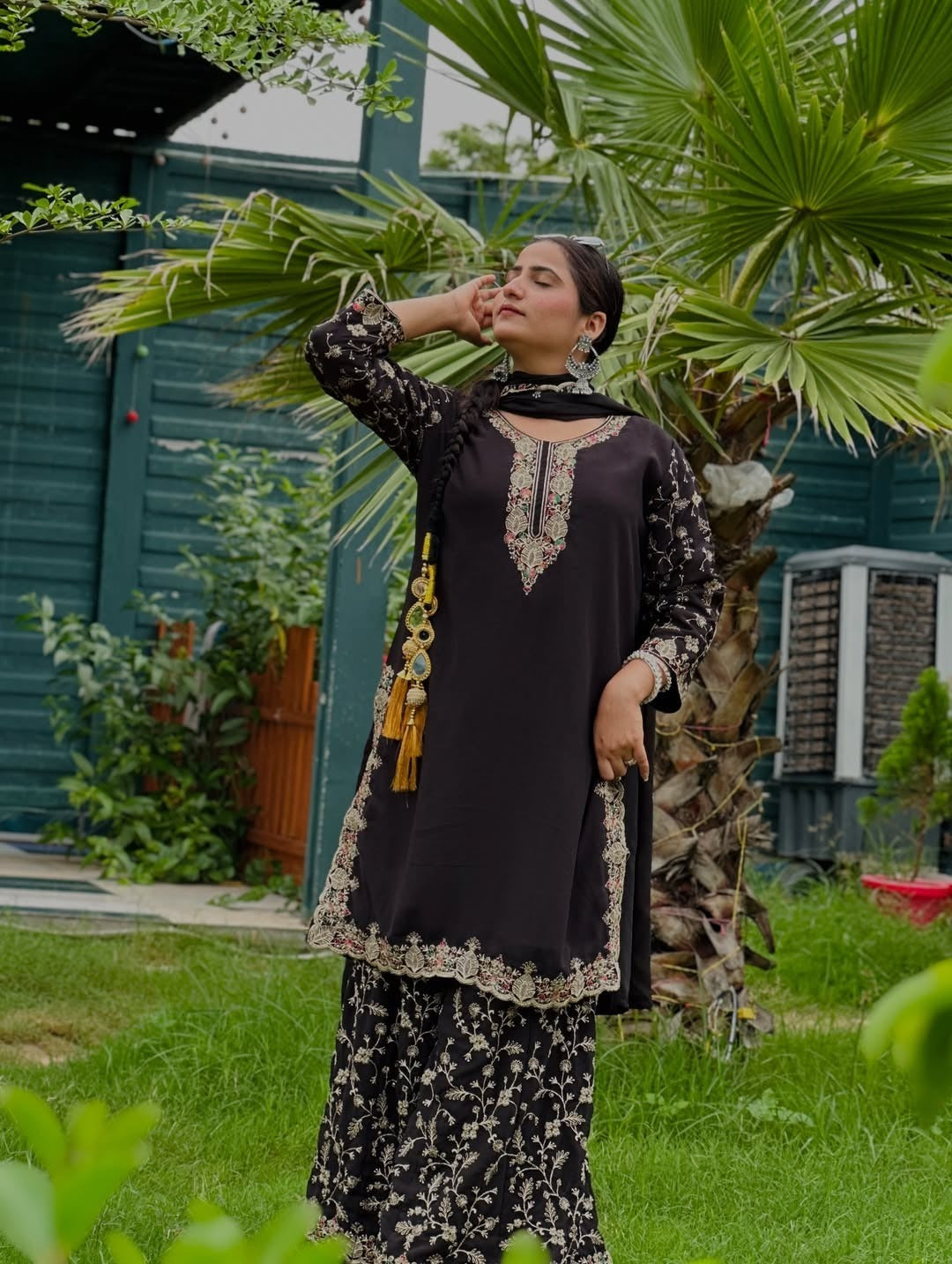 Anveri Women Black Embroidered Kurta Sharara Set | Ethnic Party Wear Kurti with Palazzo | Festive & Wedding Wear Suit for Women