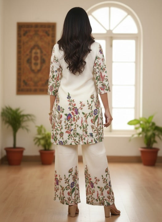 Anveri Women’s Off White Floral Printed Kurta Pant Set | Cotton Blend Straight Kurta with Palazzo Pants | Ethnic Wear for Daily, Office & Festive Use