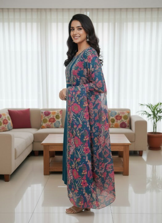 Anveri Women Kurta Set with Floral Printed Dupatta | Straight Kurta Pant Set | Embroidered Ethnic Wear for Women | Festive & Casual Suit Set