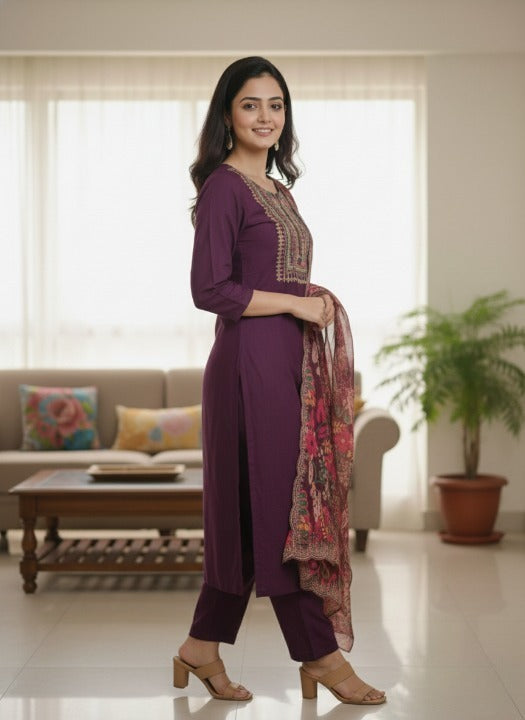 Women Kurta Set with Floral Printed Dupatta | Straight Kurta Pant Set | Embroidered Ethnic Wear for Women | Festive & Casual Suit Set