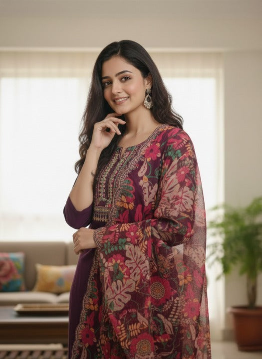 Women Kurta Set with Floral Printed Dupatta | Straight Kurta Pant Set | Embroidered Ethnic Wear for Women | Festive & Casual Suit Set