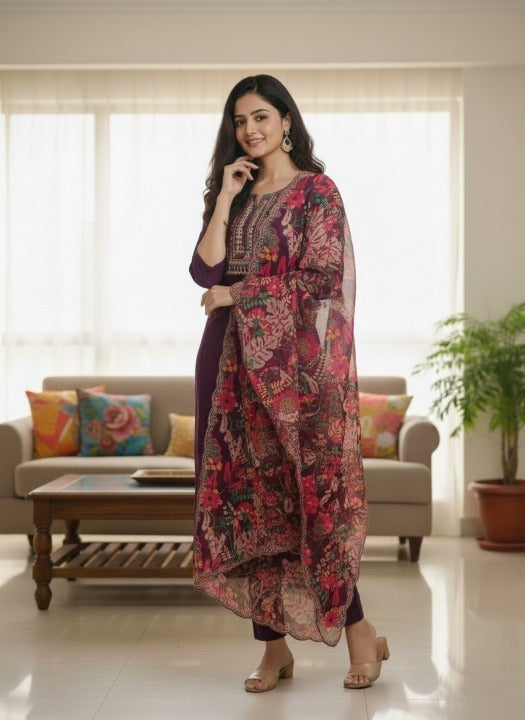 Women Kurta Set with Floral Printed Dupatta | Straight Kurta Pant Set | Embroidered Ethnic Wear for Women | Festive & Casual Suit Set
