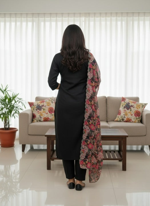 Anveri Women Kurta Set with Floral Printed Dupatta | Straight Kurta Pant Set | Embroidered Ethnic Wear for Women | Festive & Casual Suit Set