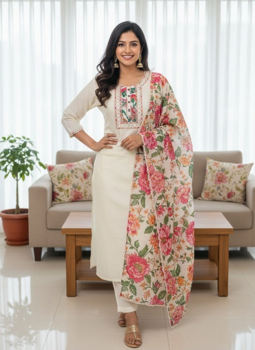 Anveri Women Kurta Set with Floral Printed Dupatta | Straight Kurta Pant Set | Embroidered Ethnic Wear for Women | Festive & Casual Suit Set