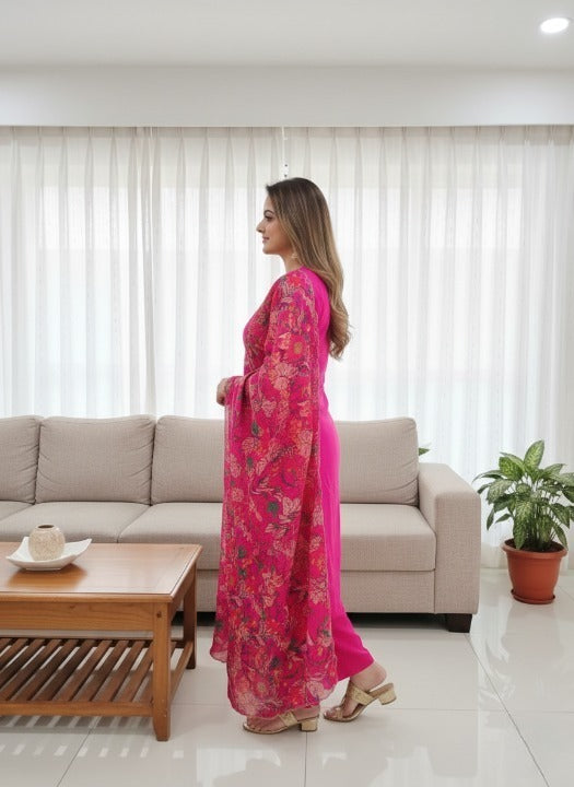 Anveri Women Pink Kurta Set with Floral Printed Dupatta | Straight Kurta Pant Set | Embroidered Ethnic Wear for Women | Festive & Casual Suit Set