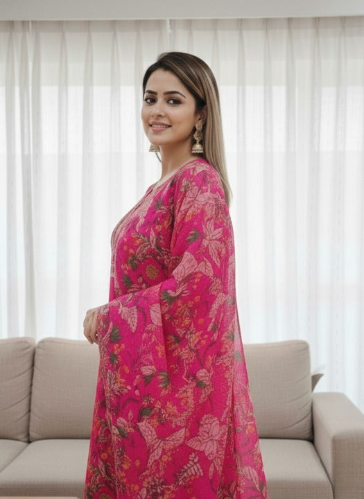 Anveri Women Pink Kurta Set with Floral Printed Dupatta | Straight Kurta Pant Set | Embroidered Ethnic Wear for Women | Festive & Casual Suit Set