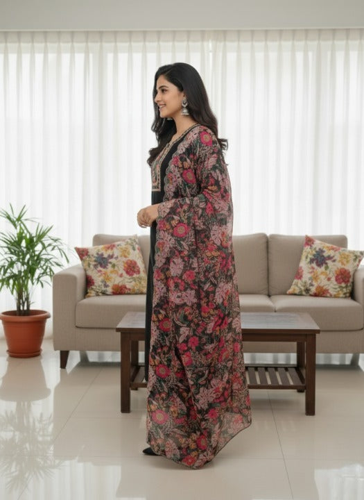 Anveri Women Kurta Set with Floral Printed Dupatta | Straight Kurta Pant Set | Embroidered Ethnic Wear for Women | Festive & Casual Suit Set
