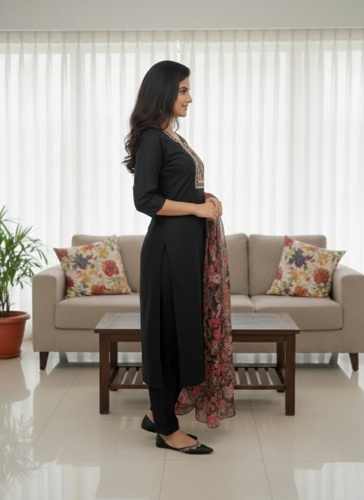 Anveri Women Kurta Set with Floral Printed Dupatta | Straight Kurta Pant Set | Embroidered Ethnic Wear for Women | Festive & Casual Suit Set