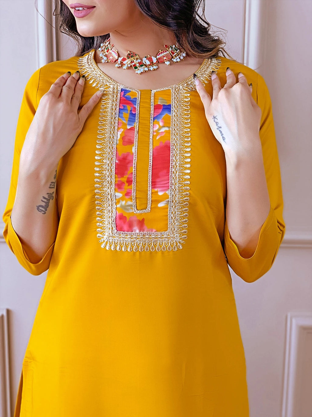 Anveri Women Mustard Yellow Kurta Set with Floral Printed Dupatta | Straight Kurta Pant Set | Ethnic Wear for Women | Festive & Casual Wear
