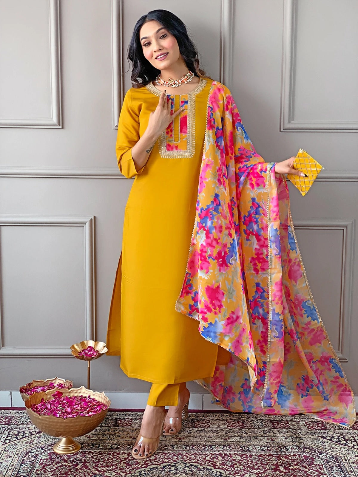 Anveri Women Mustard Yellow Kurta Set with Floral Printed Dupatta | Straight Kurta Pant Set | Ethnic Wear for Women | Festive & Casual Wear