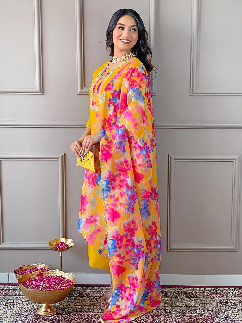 Anveri Women Mustard Yellow Kurta Set with Floral Printed Dupatta | Straight Kurta Pant Set | Ethnic Wear for Women | Festive & Casual Wear