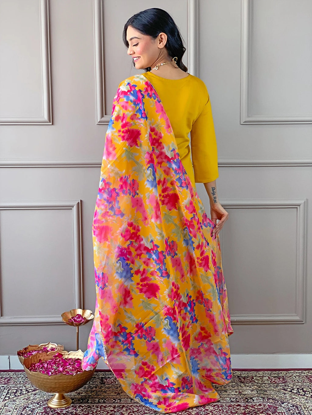 Anveri Women Mustard Yellow Kurta Set with Floral Printed Dupatta | Straight Kurta Pant Set | Ethnic Wear for Women | Festive & Casual Wear