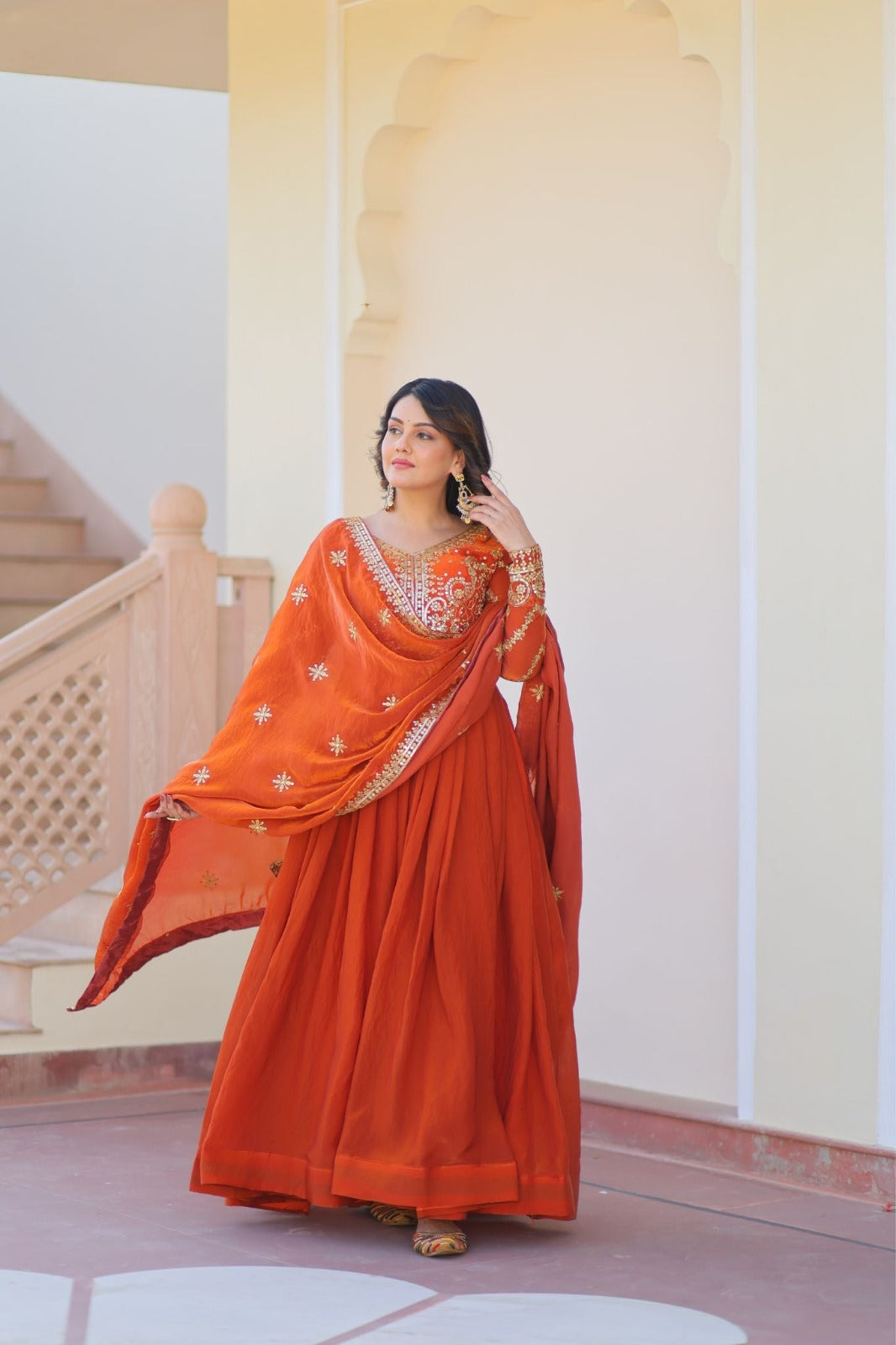 Anveri Women Embroidered Anarkali Gown with Dupatta | Orange Party Wear Flared Ethnic Dress