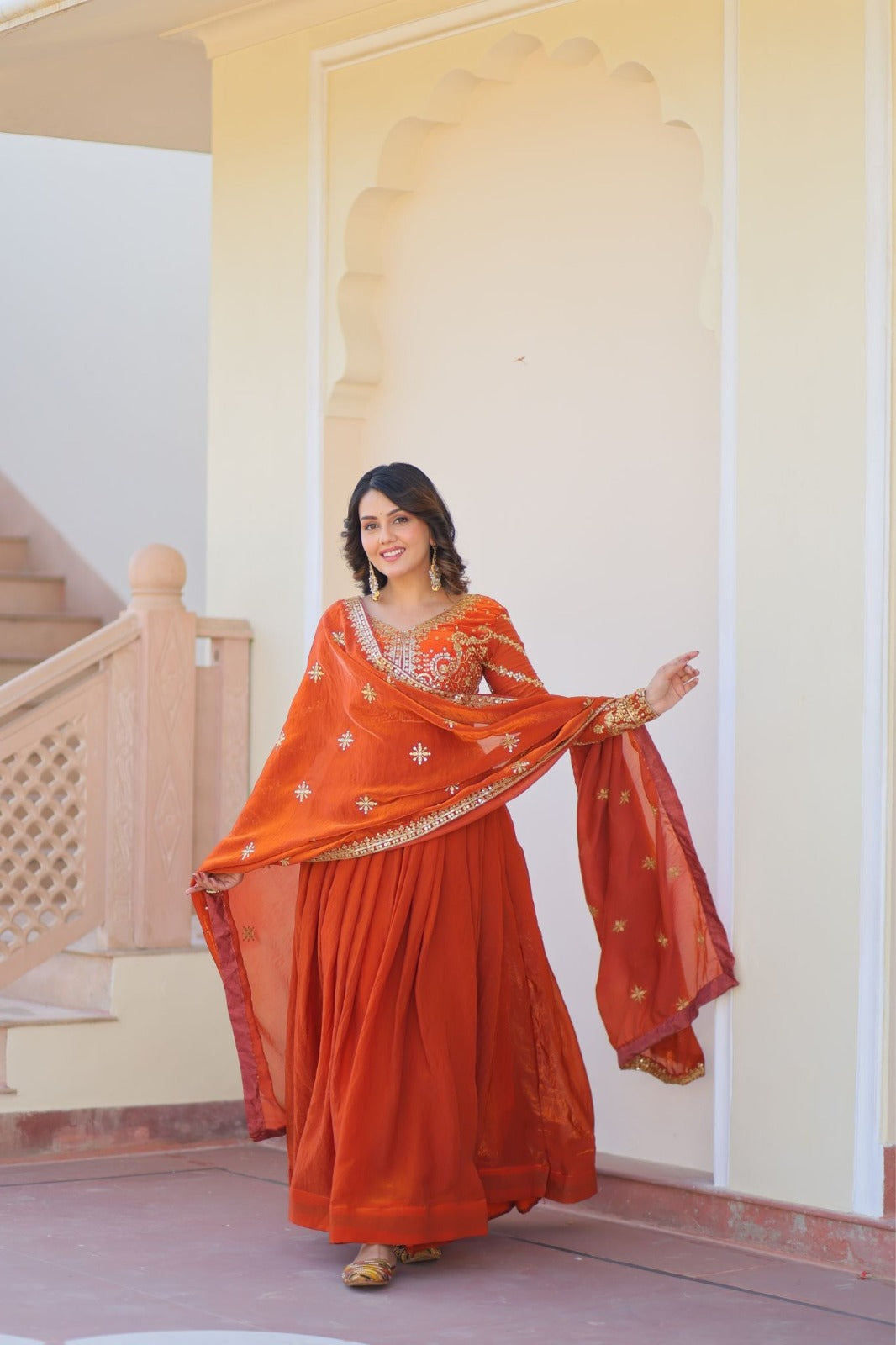 Anveri Women Embroidered Anarkali Gown with Dupatta | Orange Party Wear Flared Ethnic Dress