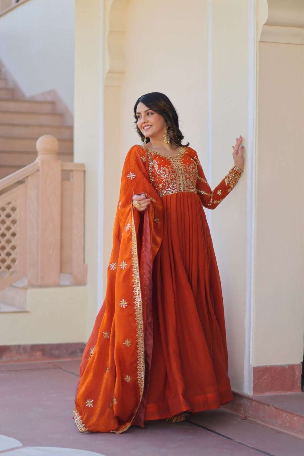 Anveri Women Embroidered Anarkali Gown with Dupatta | Orange Party Wear Flared Ethnic Dress