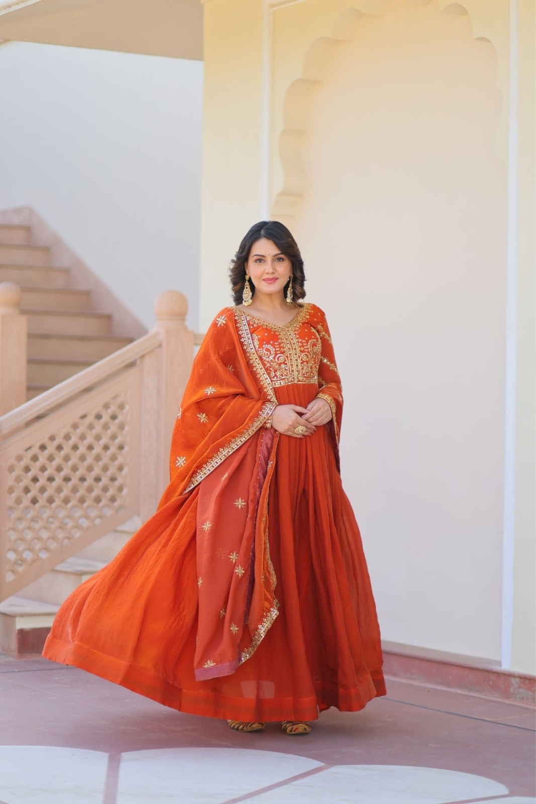 Anveri Women Embroidered Anarkali Gown with Dupatta | Orange Party Wear Flared Ethnic Dress