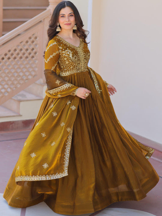 Anveri Women Embroidered Anarkali Gown with Dupatta | Mustard Brown Party Wear Flared Ethnic Dress