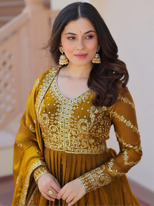 Anveri Women Embroidered Anarkali Gown with Dupatta | Mustard Brown Party Wear Flared Ethnic Dress