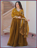Anveri Women Embroidered Anarkali Gown with Dupatta | Mustard Brown Party Wear Flared Ethnic Dress