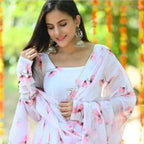 Anveri Women Floral Printed Anarkali Gown with Dupatta | Light Pink Ethnic Party Wear Flared Dress
